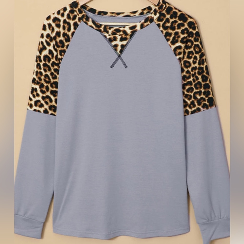 GRAY Leopard Stitching Long Sleeve Top